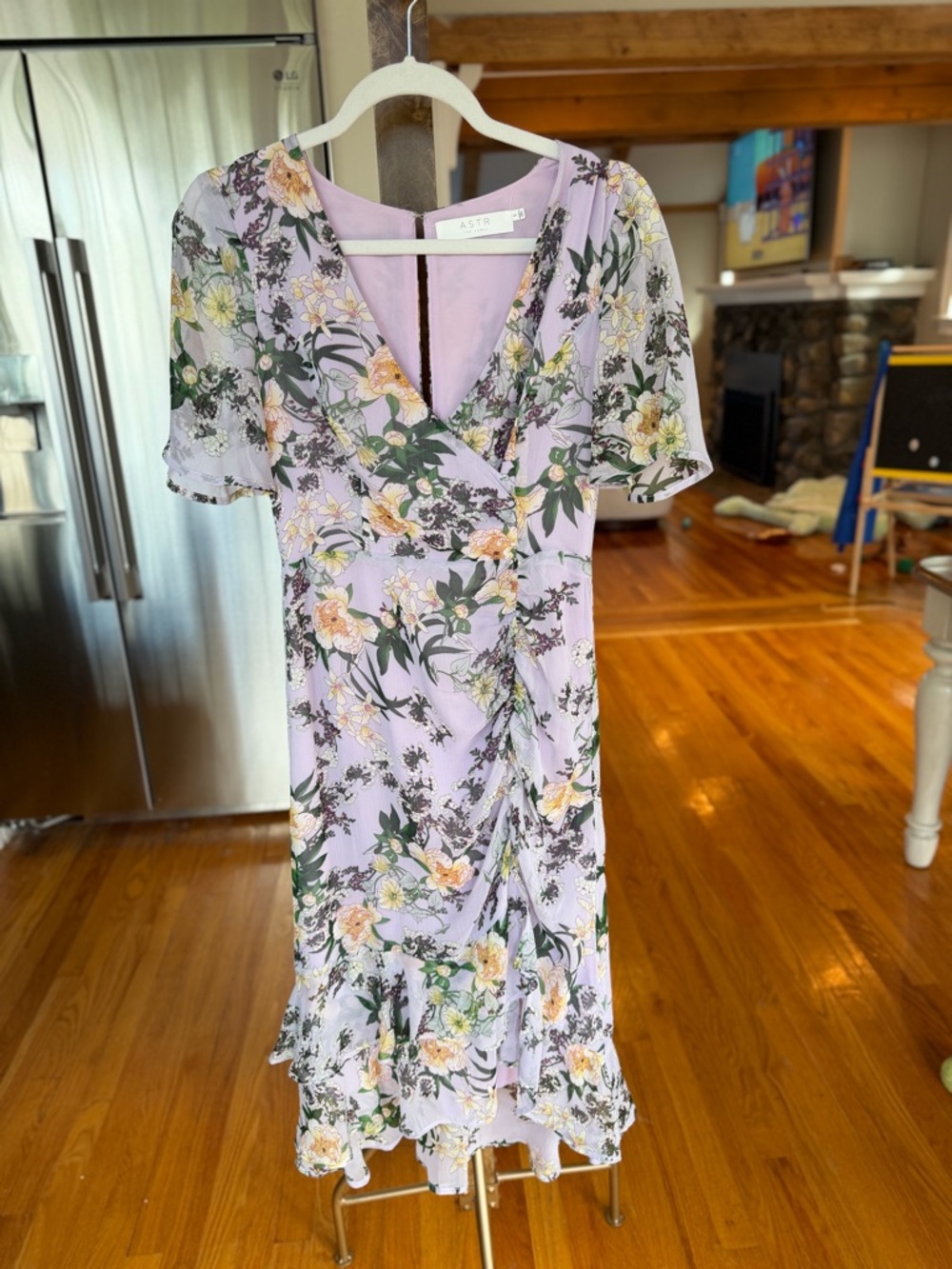 ASTR Lavender Floral V-Neck Wrap Midi Dress